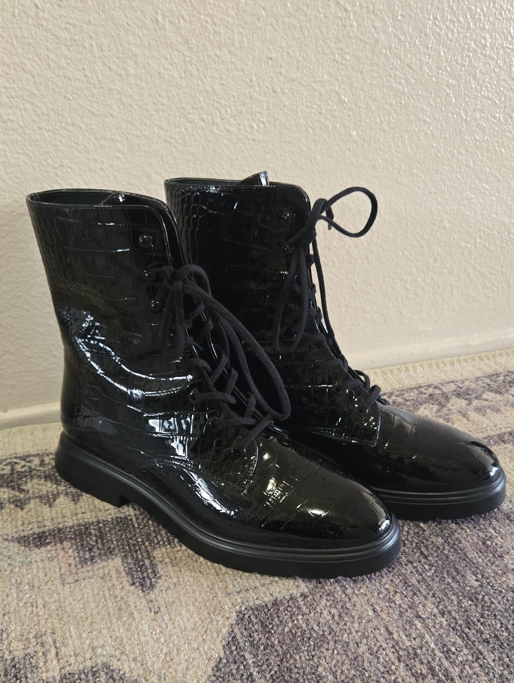 Stuart Weitzman Mckenzee Bottie Black PTT- Patent Croc